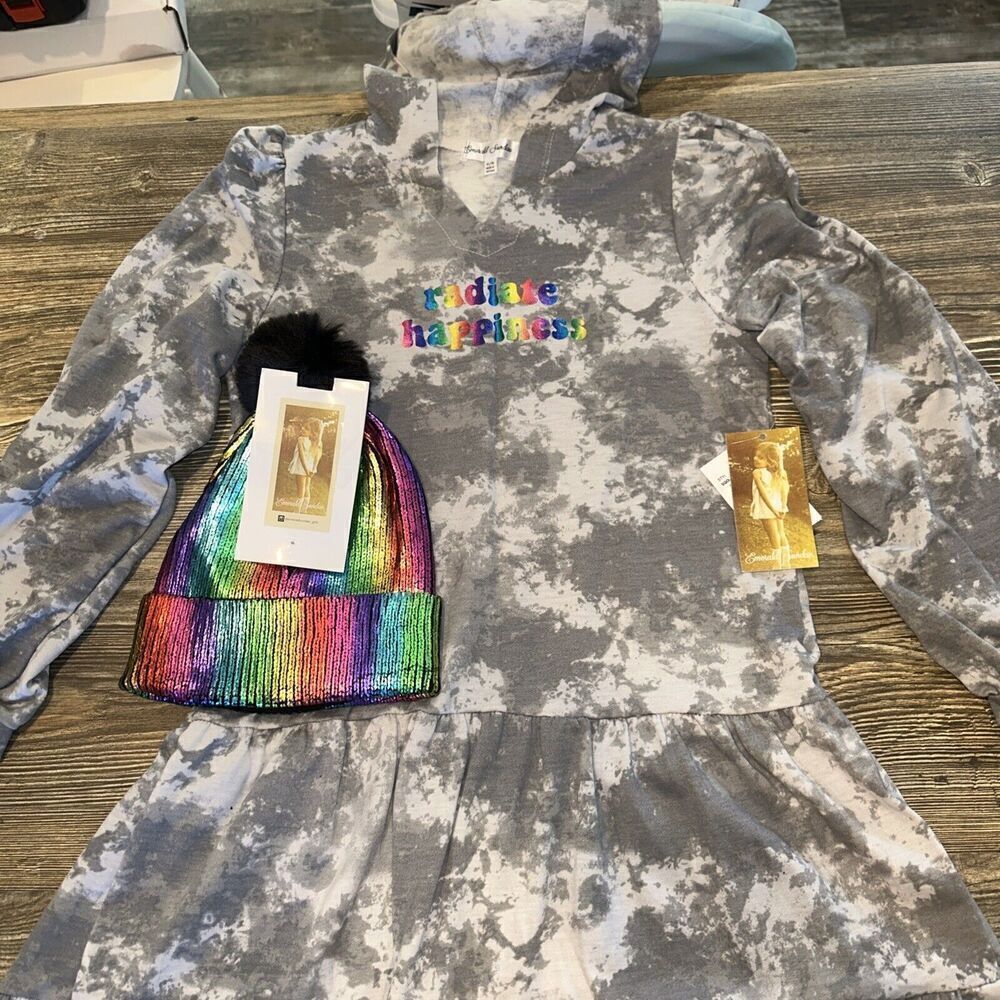 Emerald Sundae Girls XL 16 Drop Waist Dress Beanie 2 Pc Set Black Foil Rainbow.9